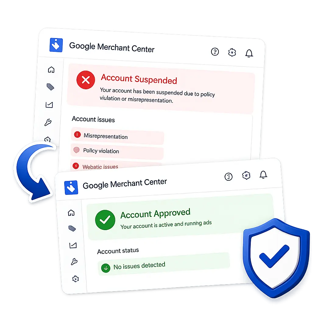 Google Merchant Center account changing from suspended to approved